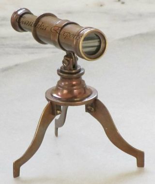 Nautical Brown Antique Finish Brass Telescope With Tripod Stand Collectible,