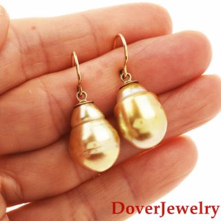 Estate Golden 13mm South Sea Blister Pearl 14K Gold Dangle Earrings 8.  0 Grams NR 5
