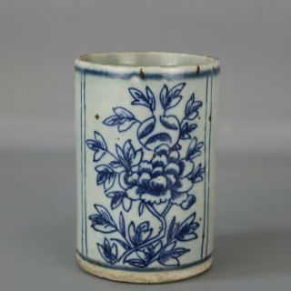 Chinese Old Hand - Carved Blue & White Porcelain Flower Pattern Brush Pot C01