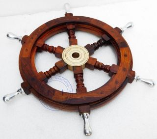 18 " Wooden Ship Steering Wheel Pirate Decor Wood Brass Fishing Wall Boat Decor