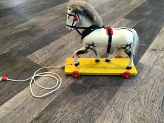 Vintage Wooden Horse On Wheels Toy From East Germany (gdr)