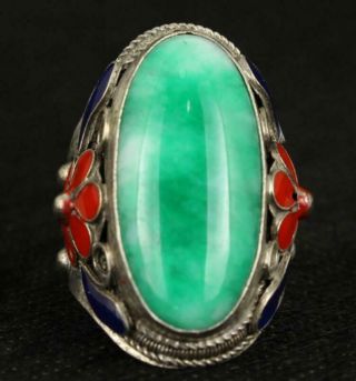 Old Handwork Natural Green Jade Tibet Silver Enamel Flower Adjust Ring A02