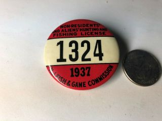 1937 Jersey Non Resident And Alien ' s Hunting & Fishing License Pin Button NJ 2