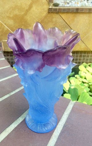 Rare Daum Fr Pate De Verre Amethyst Purple Blue Orchid Crystal Vase 8.  5” Signed