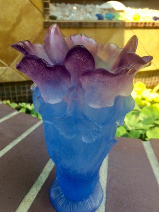 Rare DAUM FR Pate de Verre Amethyst Purple Blue ORCHID Crystal Vase 8.  5” Signed 2