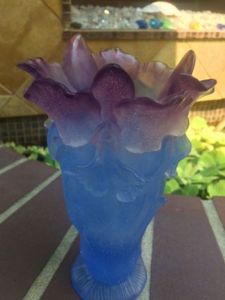 Rare DAUM FR Pate de Verre Amethyst Purple Blue ORCHID Crystal Vase 8.  5” Signed 5