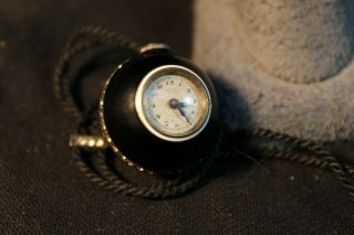 Antique Art Deco Black Enamel Rhinestone Ball Watch Pendant Necklace 1 "