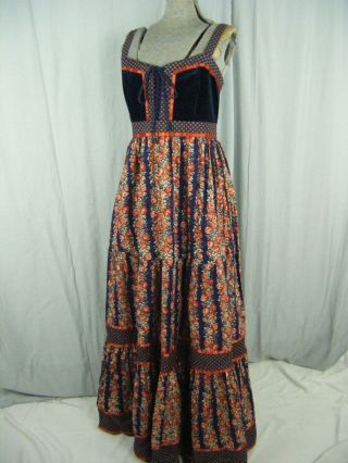 Gunne Sax By Jessica Vtg 70s Navy Blue/orange Floral Hippie Dress - Bust 34/xs - S
