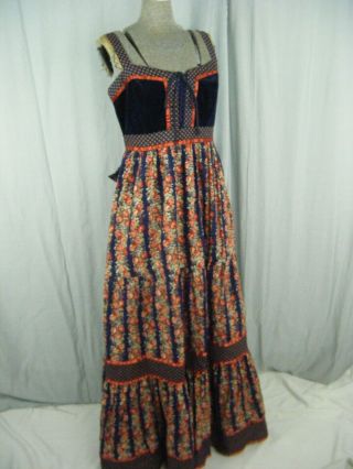 GUNNE SAX by JESSICA Vtg 70s Navy Blue/Orange Floral Hippie Dress - Bust 34/XS - S 3