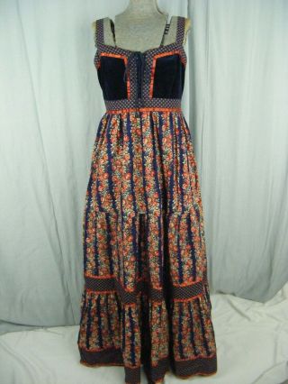 GUNNE SAX by JESSICA Vtg 70s Navy Blue/Orange Floral Hippie Dress - Bust 34/XS - S 4