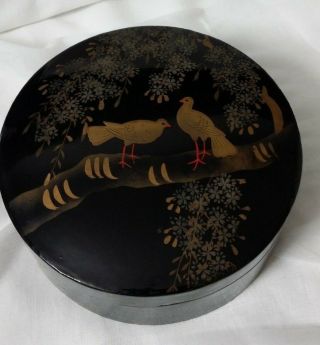 Vintage Chinese Black Lacquered Hand Painted Round Trinket Box