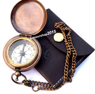 Nautical Sundial Compass With Leather Black Case And Chain Compass
