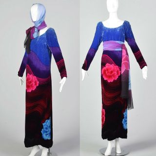 Small 1970s Velvet Maxi Tunic Dress Vintage Psychedelic Floral Print 70s Boho
