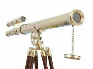 Maritime Solid Brass Telescope Double Barrel Vintage Handmade With Wooden Tripod