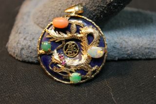 Vintage 14kt 585 Gold Lapis Lazuli Coral Jade Opal Ruby Chinese Dragon Pendant