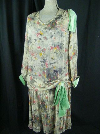 Antique 1920s Sheer Grey Red Floral Flapper Dress W/green Silk Bows - Bust 42/m