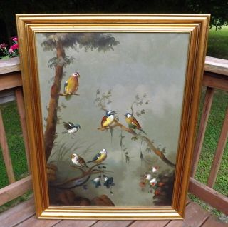 Huge Vtg Painting Oil On Canvas Hand Painted Bird Lovers Signed Framed Beauty