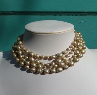 Miriam Haskell Vintage Four Strand Faux Baroque Pearl Choker Necklace