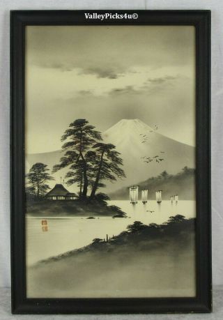 Vintage Signed Japanese Block Print Ships Mountains Snow