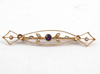 Antique Victorian Art Nouveau 14k Gold Seed Pearls & Amethyst Brooch Pin