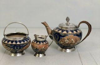 Antique Doulton Lambeth Stoneware Sterling Mounts Tea Set - Pitcher,  Cream & Sugar