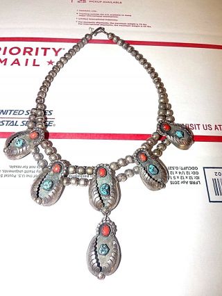 Vintage Navajo Squash Blossom Necklace - Sterling Silver And Turquoise Coral