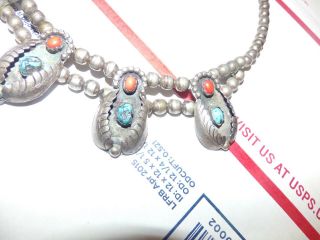vintage Navajo Squash Blossom Necklace - sterling Silver and Turquoise coral 4
