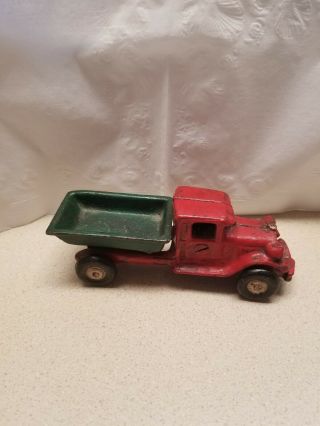 Vintage Cast Iron Red Dump Truck Paint Wheels Move Toy