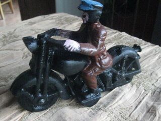 Vintage 6 " Cast Iron Motorcycle With Driver Black Cycle Brown Coat Blue Hat
