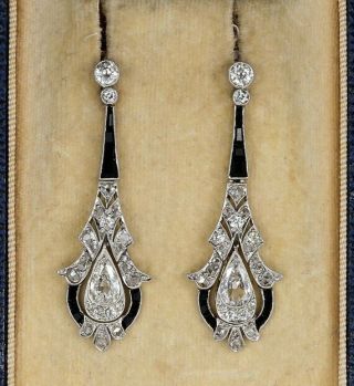 Art Deco 2.  9ct Round Diamond Black Onyx Drop/dangle Earrings 14k White Gold Over