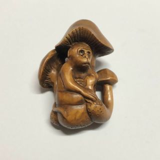 19th Japanese Handmade Boxwood Wood Netsuke “monkey & Mushroom” Figurine Carving