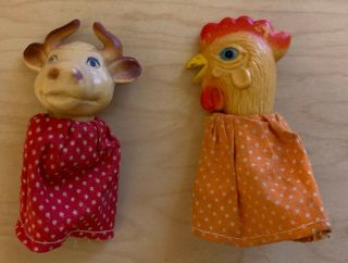 Vintage Finger Puppets Set Of Two (2) Cow And Chicken Rare