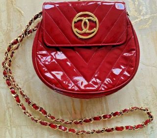 Chanel Red Patent Leather Shoulder Bag Vintage With Chain