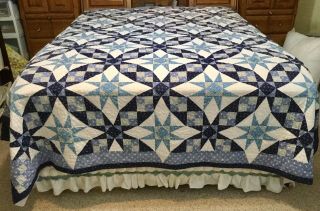 Vintage Handmade Quilt,  Blue Stars,  Geometric,  Queen - 87x97