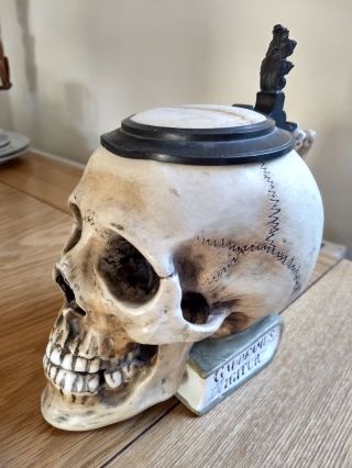 " Ernst Bohne Sohne " Antique Skull Character German Beer Lidded Stein 0.  5litre