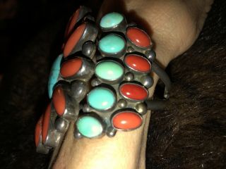 Signed Huge Vintage Sterling Turquoise Coral Cuff Bracelet. 3