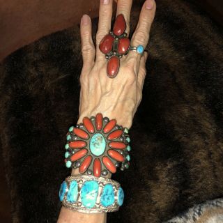 Signed Huge Vintage Sterling Turquoise Coral Cuff Bracelet. 5