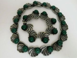 Heavy Vintage Sterling Silver Jade Jadite Taxco Mexico Necklace And Bracelet Set