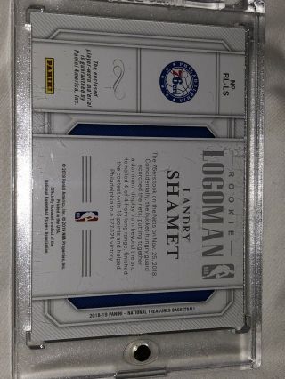 2018 - 19 National Treasures Landry Shamet Rookie Logoman /5 76ers Clippers RARE 8