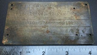 Rare 1968 Chrysler Marine Engine Brass Nameplate Lm318 Serial 110193 Nautical