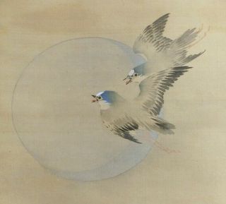 I680: Japanese Old Hanging Scroll.  Birds With Moon By Famous Kansai Mori.