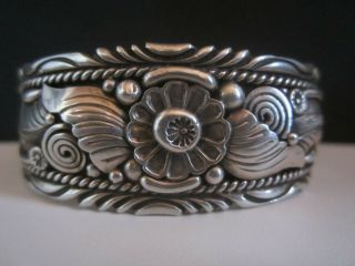 Vintage Pawn Navajo Sterling Silver Ornate Applique Flower Cuff Bracelet Signed
