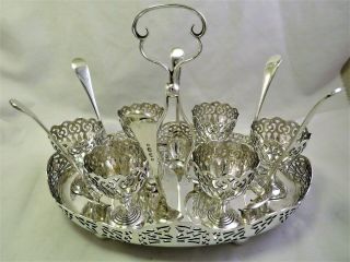 Large Antique Silver Plated Egg Cruet / 6 Egg Cup Stand Pierced Design