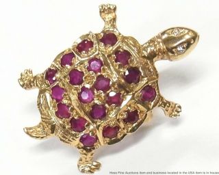 Vintage Natural Ruby Diamond Eye Turtle Pin 14k Gold Tortoise Marine Life Animal