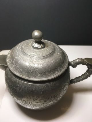 Antique Chinese Engraved Kut Hing Swatow Pewter Tea Pot 2