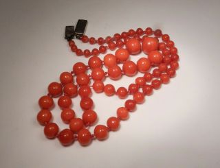 Antique Red Coral Graduated Bead Necklace,  Knotted,  Hand - Rounded,  Undyed,  Untreated