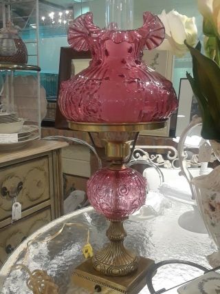 Vintage Fenton Cranberry Glass Floral Gone With The Wind Parlor Lamp Metal Base