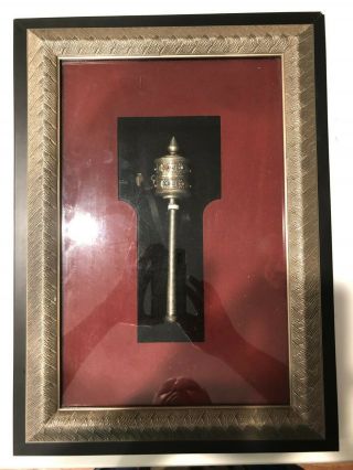 Framed 8 " Tibetan Prayer Wheel With Silver Inlay With Turquoise And Red Coral