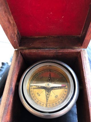 Vintage Antique Nautical Maritime Compass In Wooden Box Ss
