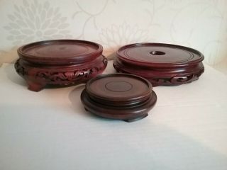 Antique Carved Wood Chinese Bowl Or Vase Wooden Stand Plus 2 Stands